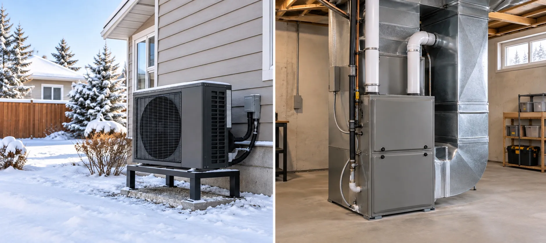 Heat pump outside a snowy Canadian home and gas furnace in a utility room