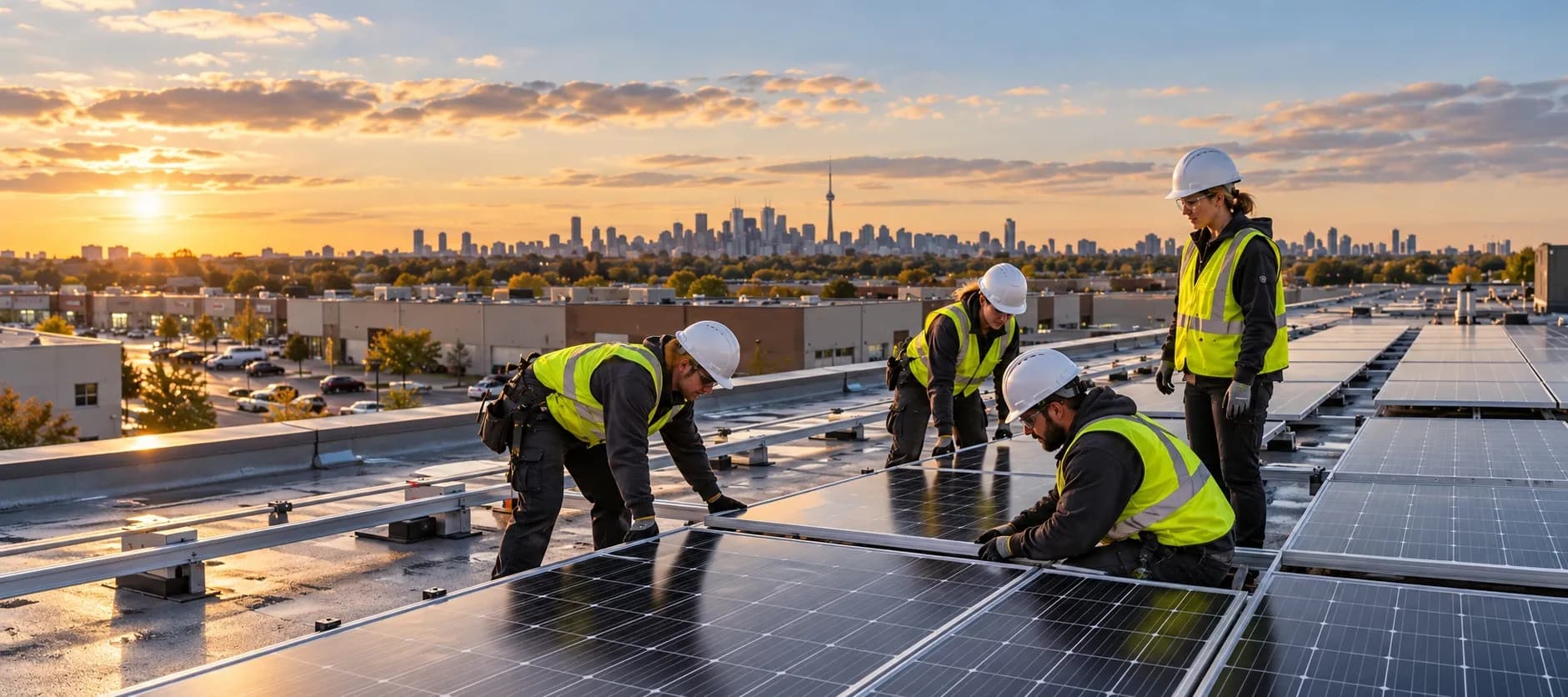 Solar installation crew fitting photovoltaic panels on a commercial rooftop with the Toronto skyline in the background.