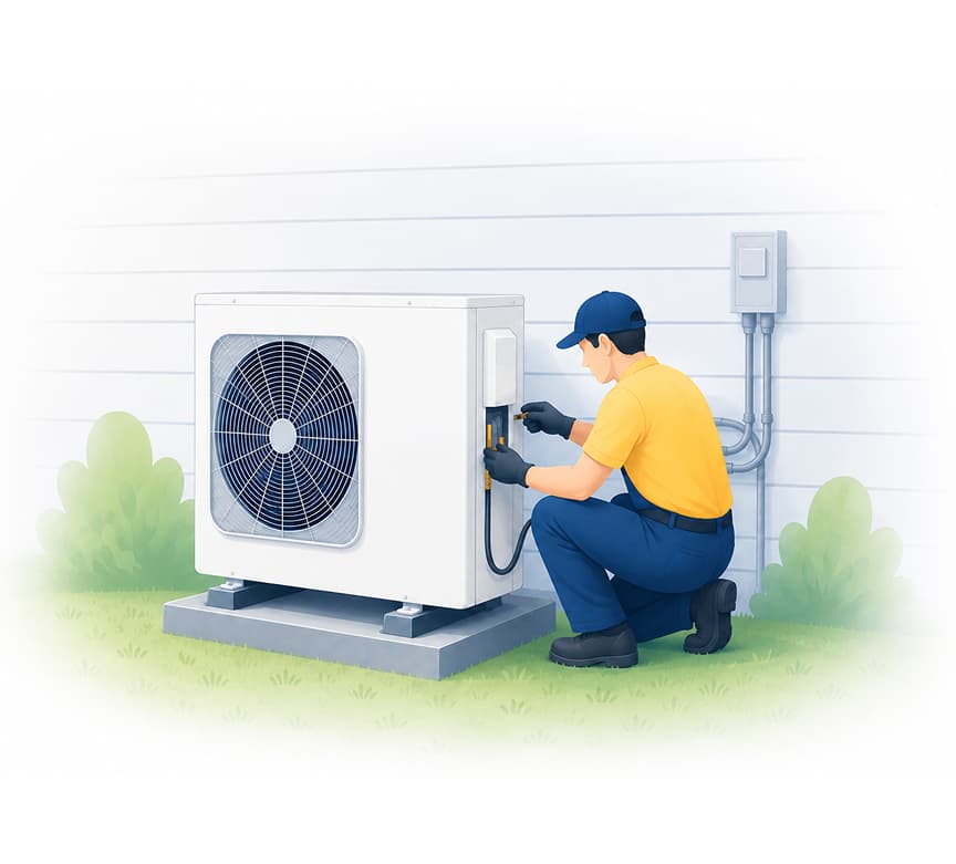 Illustration of a technician connecting an outdoor air-source heat pump beside a home