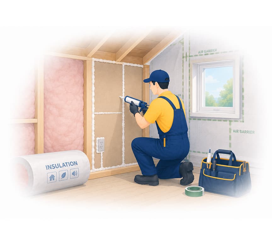 Illustration of an installer sealing a wall beside a window with an air barrier