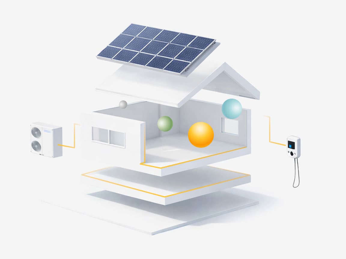 Cutaway diagram of a home with solar panels, a heat pump and an EV charger