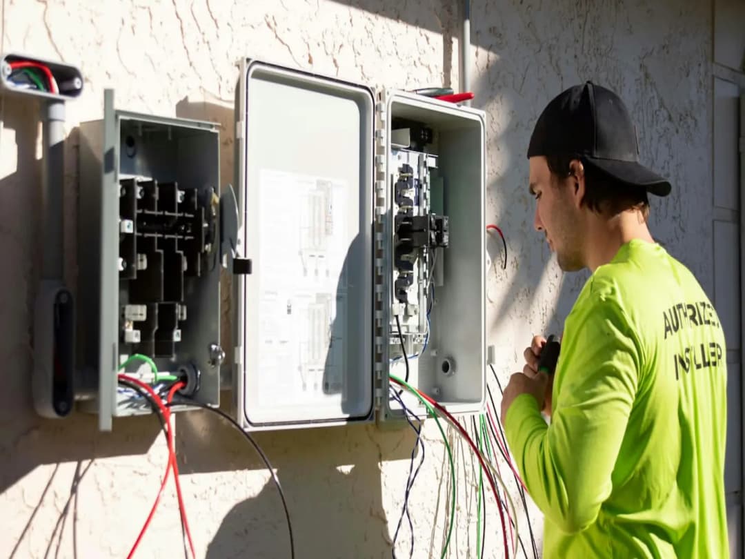 Electrician wiring an outdoor electrical disconnect on a home