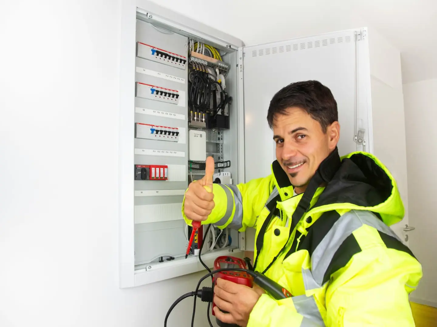 Electrician testing a residential breaker panel with a multimeter