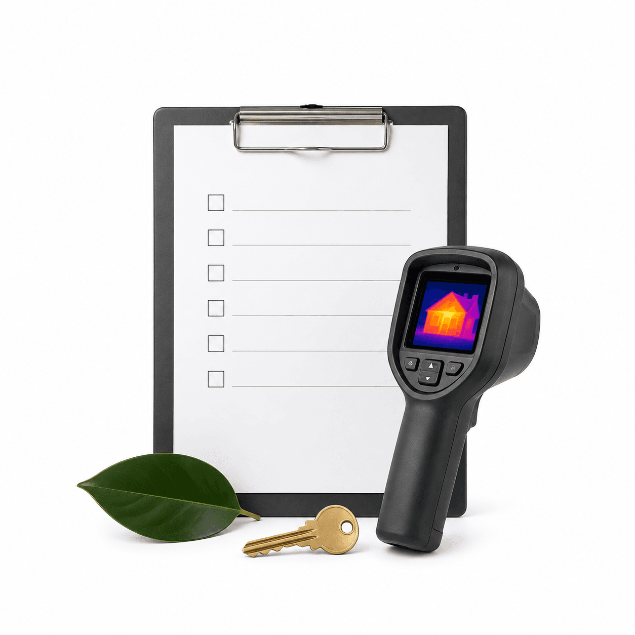 Energy audit clipboard, thermal camera, key, and leaf on a white background