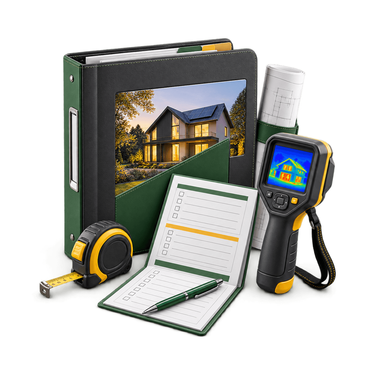 Binder, checklist, tape measure and thermal imaging camera used in an energy audit