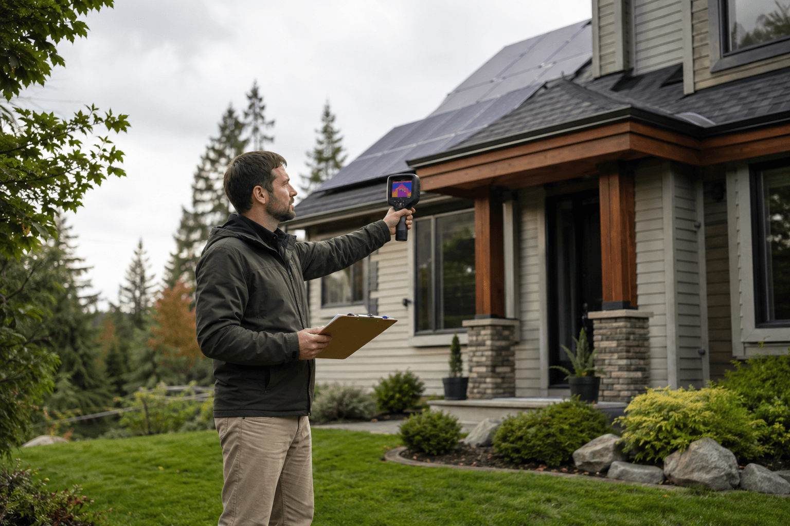 Energy auditor reviewing a Canadian home's exterior with a thermal-imaging device
