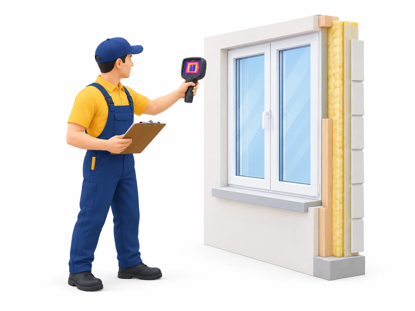 Illustration of an energy advisor inspecting a window with a thermal camera and clipboard on a white background
