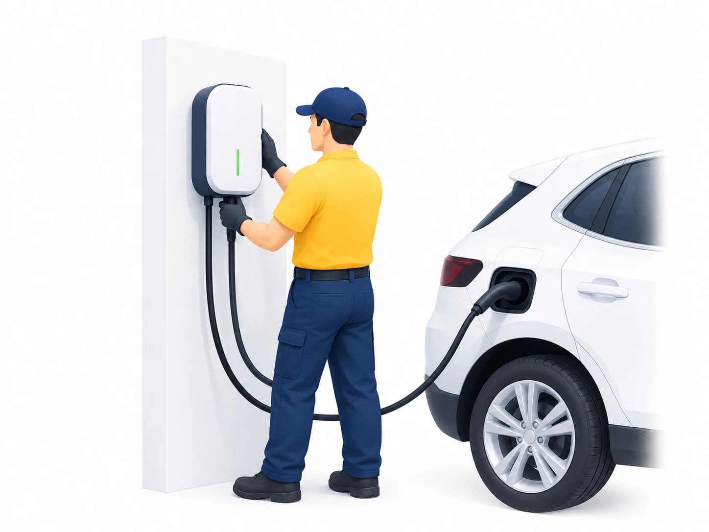 Illustration of an installer mounting an EV charger beside an electric car on a white background