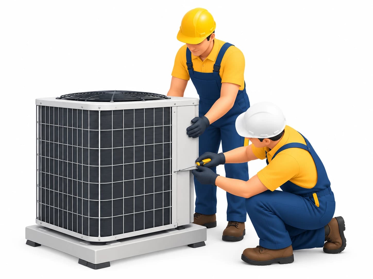 Illustration of two HVAC technicians servicing a heat pump condenser on a white background