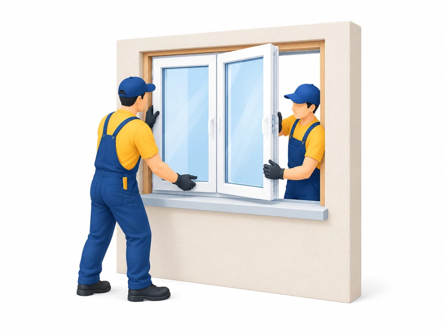 Illustration of two installers fitting a casement window on a white background