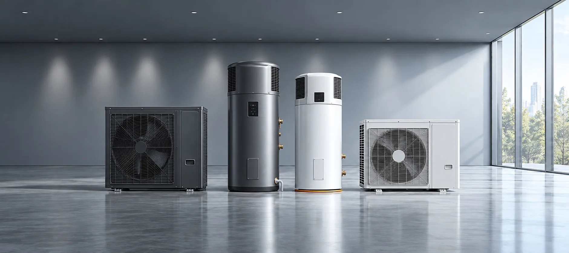 Two outdoor heat pump units and two cylindrical heat pump water heaters displayed in a grey showroom