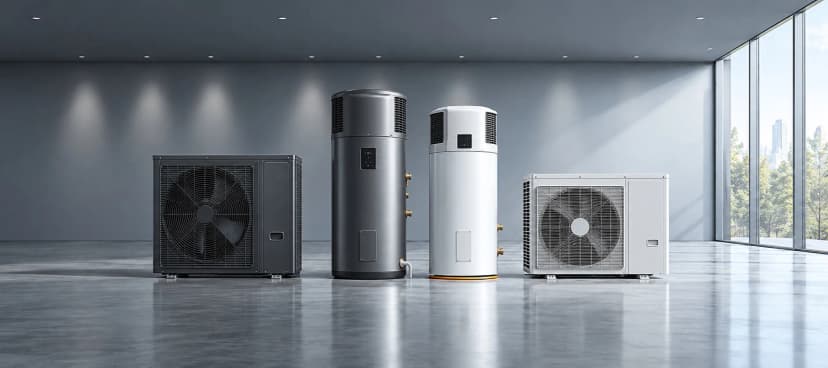 Outdoor heat pump units and heat pump water heaters in a showroom