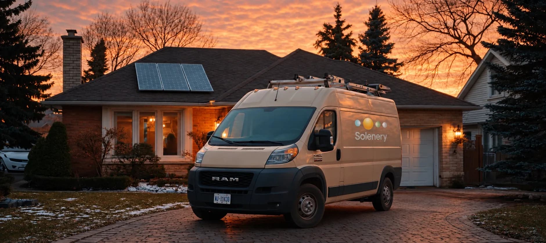 Solenery service van with a subtly reflective side-panel decal outside a brick home with rooftop solar panels at sunset.