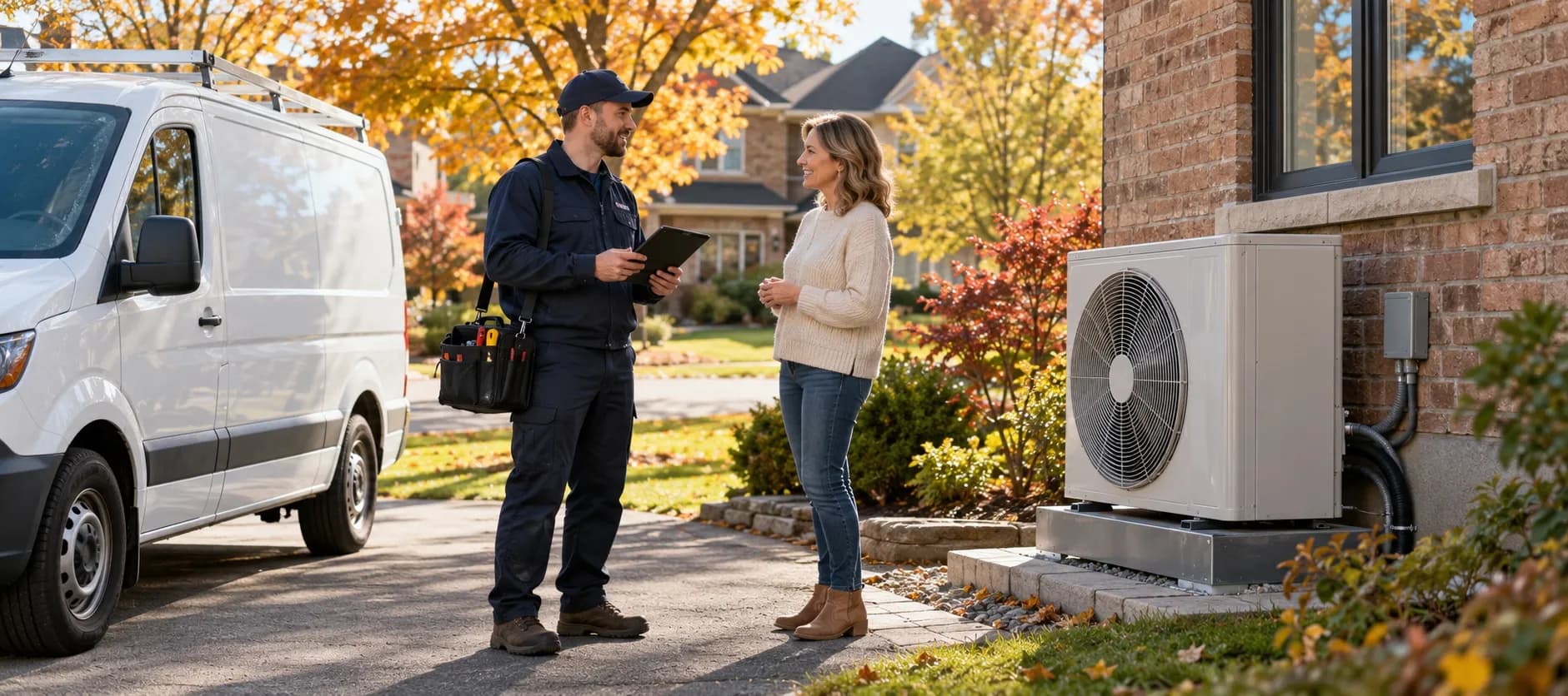 HVAC technician with a tablet and tool bag talking to a homeowner beside a heat pump and service van.