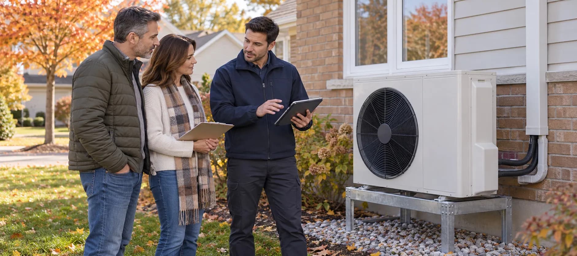 HVAC installer reviewing a tablet with two homeowners beside an outdoor heat pump in an autumn garden.