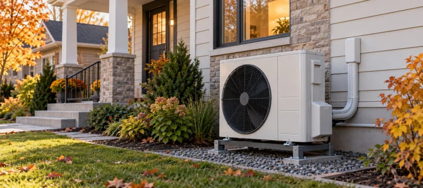 Outdoor heat pump on a raised stand beside a suburban home
