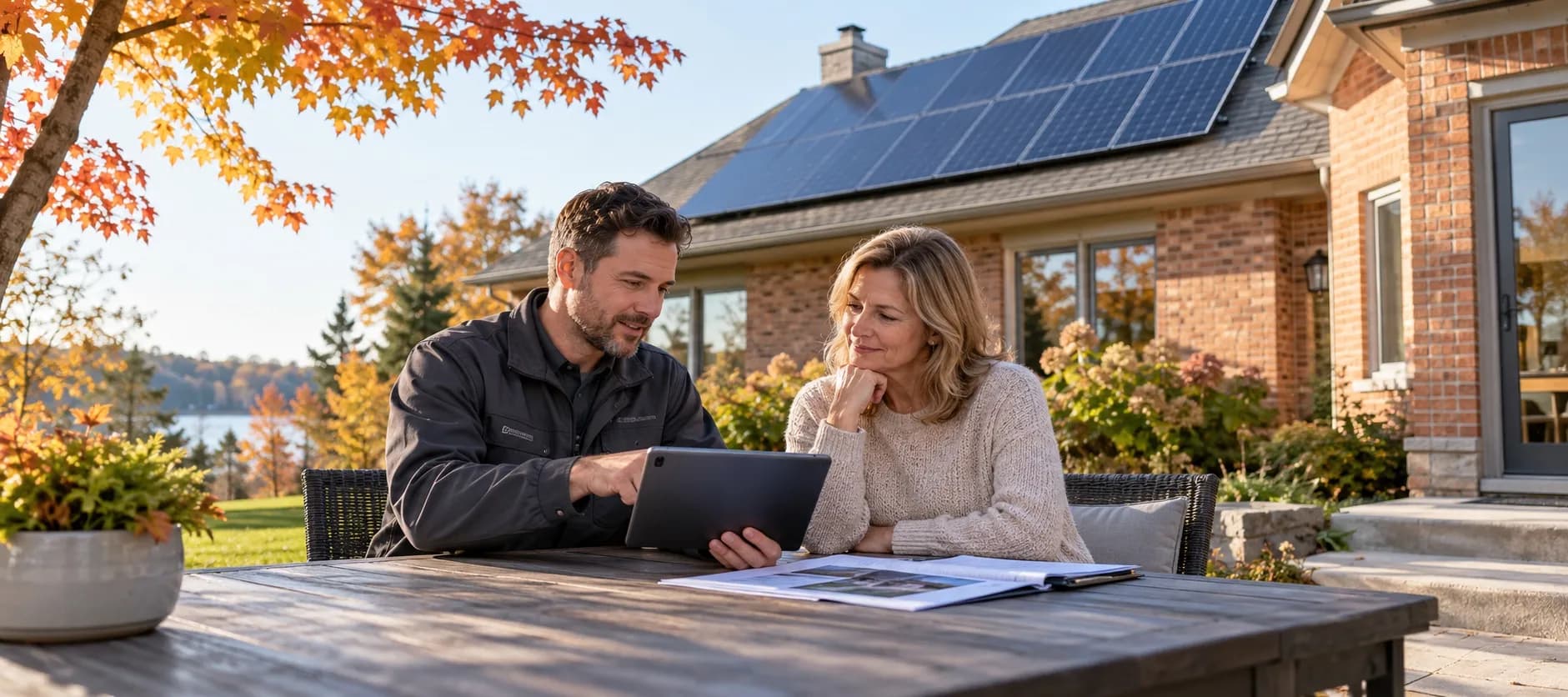 Solar contractor and homeowner reviewing a tablet and assessment paperwork outside a brick home with rooftop solar panels.